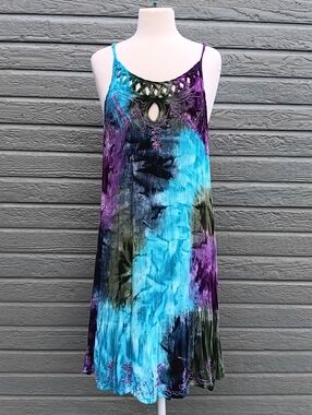 India Boutique Turquoise & Purple Tie-Dye Spaghetti Strap Mini Dress